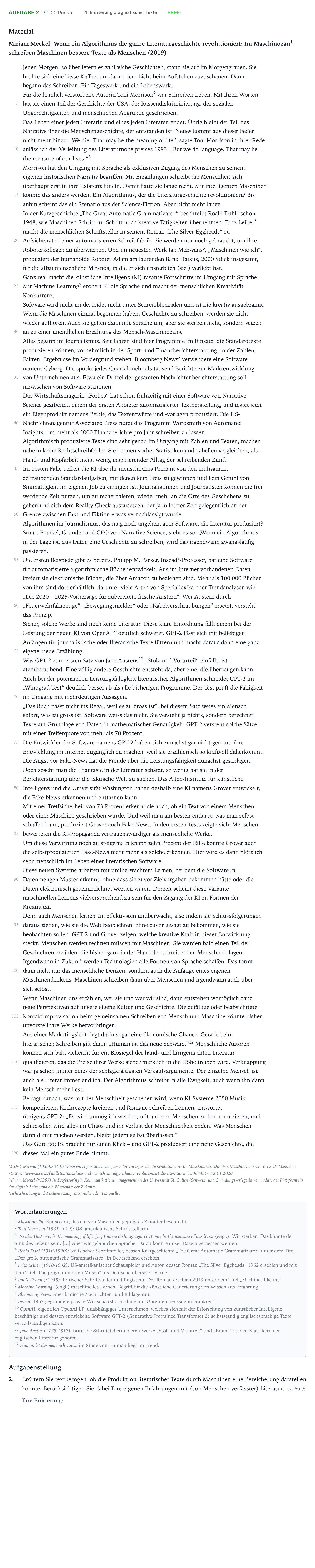 Aufgabenstellung: Aufgabe 2 - Erörterung · Abitur NRW Deutsch LK · Entwicklung textproduzierender Prog 2022