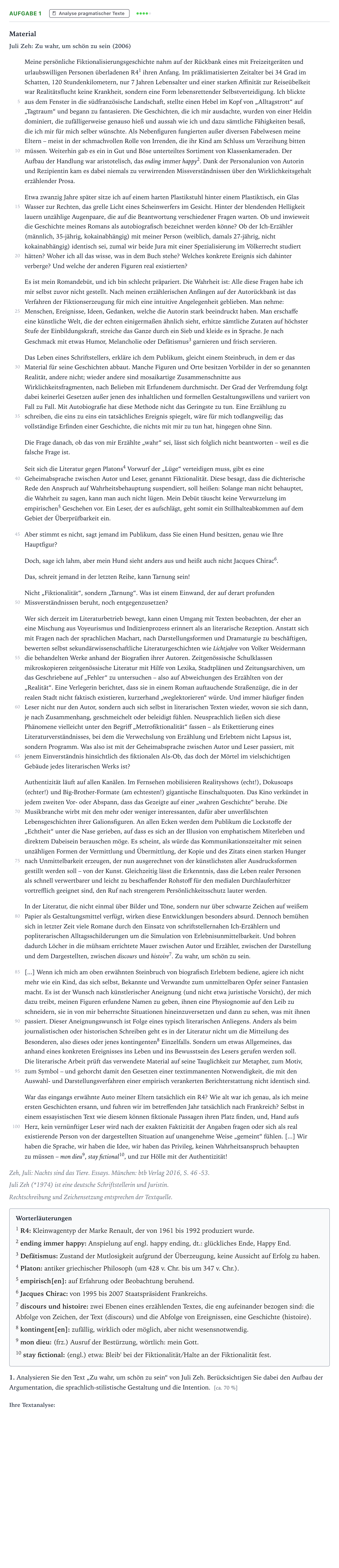 Aufgabenstellung: Aufgabe 1 - Analyse pragmatischer Texte · Abitur NRW Deutsch LK · Erwartungshaltung und Fiktionalisie 2022