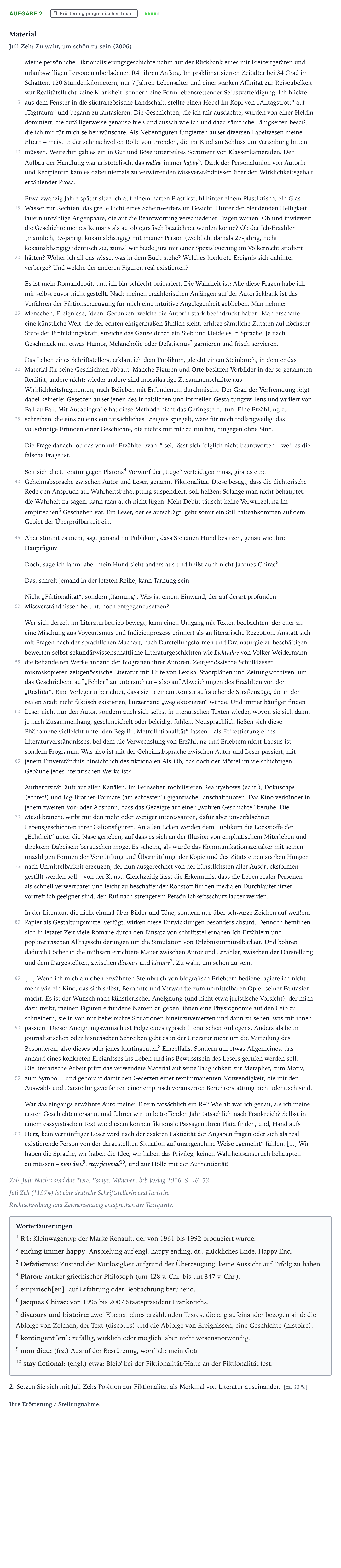 Aufgabenstellung: Aufgabe 2 - Erörterung pragmatischer Texte · Abitur NRW Deutsch LK · Erwartungshaltung und Fiktionalisie 2022