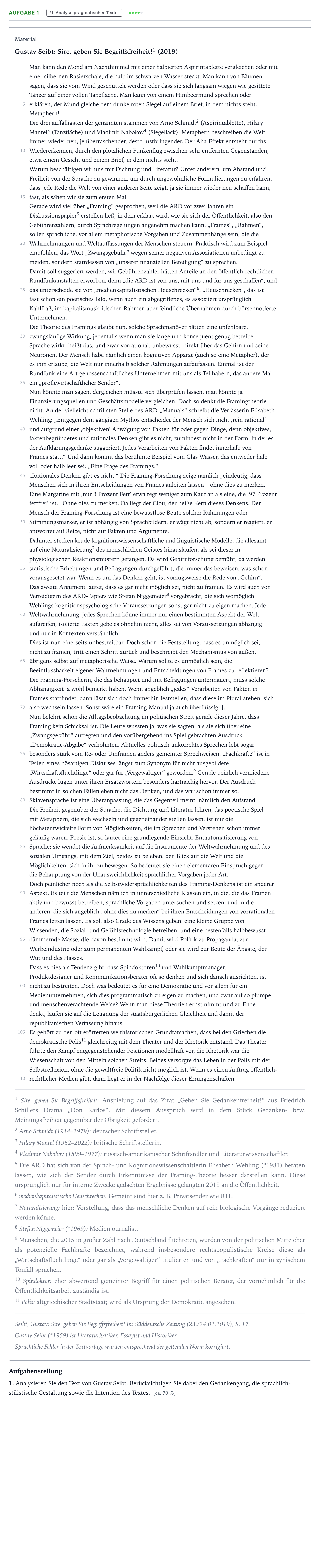 Aufgabenstellung: Aufgabe 1 - Analyse pragmatischer Texte · Abitur NRW Deutsch LK · Framing als Element öffentlicher Me 2024