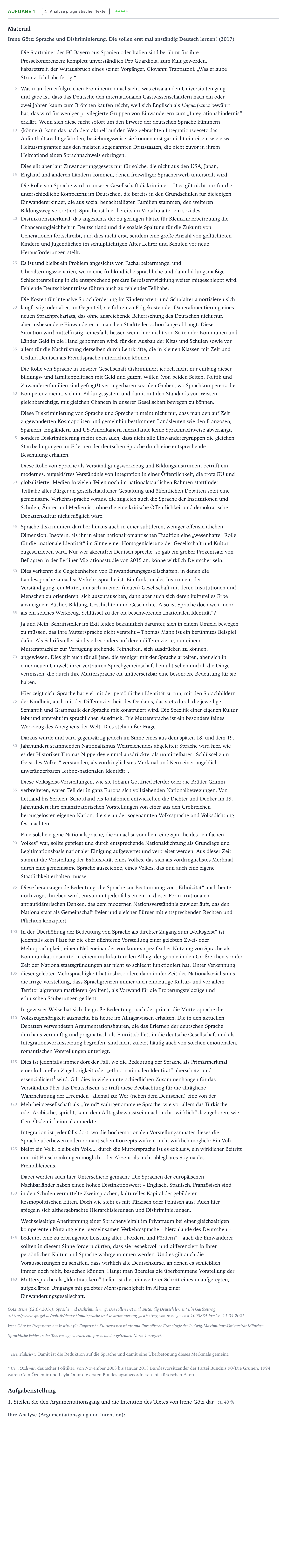 Aufgabenstellung: Aufgabe 1 - Analyse pragmatischer Texte · Abitur NRW Deutsch LK · Funktion von Sprache für Integratio 2022