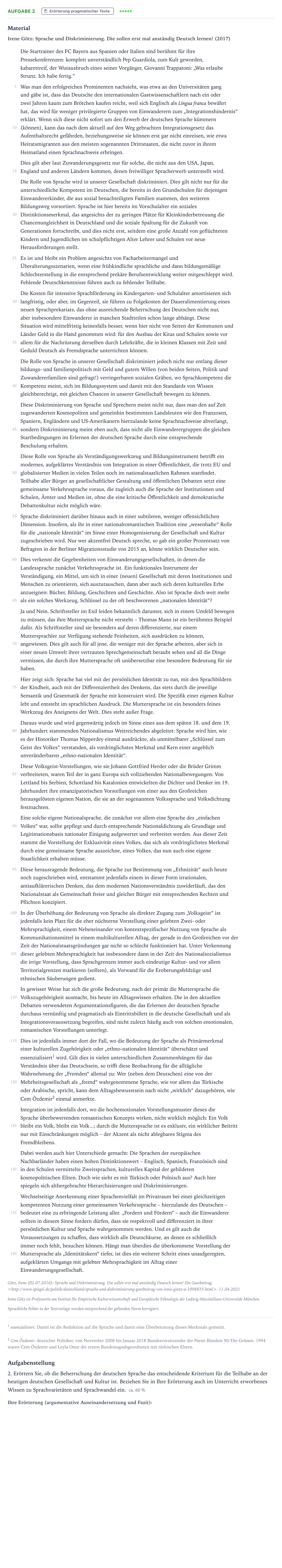 Aufgabenstellung: Aufgabe 2 - Erörterung pragmatischer Texte · Abitur NRW Deutsch LK · Funktion von Sprache für Integratio 2022