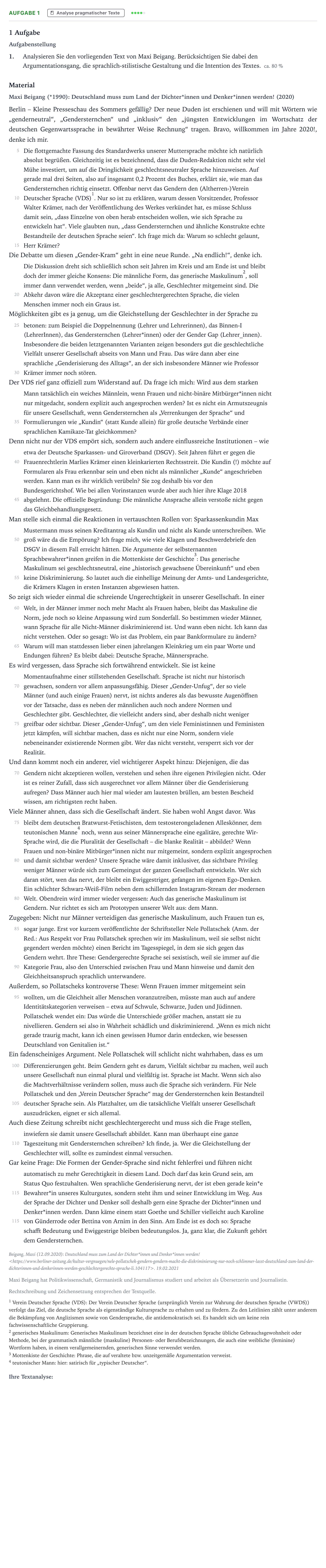 Aufgabenstellung: Aufgabe 1 - Analyse pragmatischer Texte · Abitur NRW Deutsch GK · gendergerechte Sprachverwendung 2023