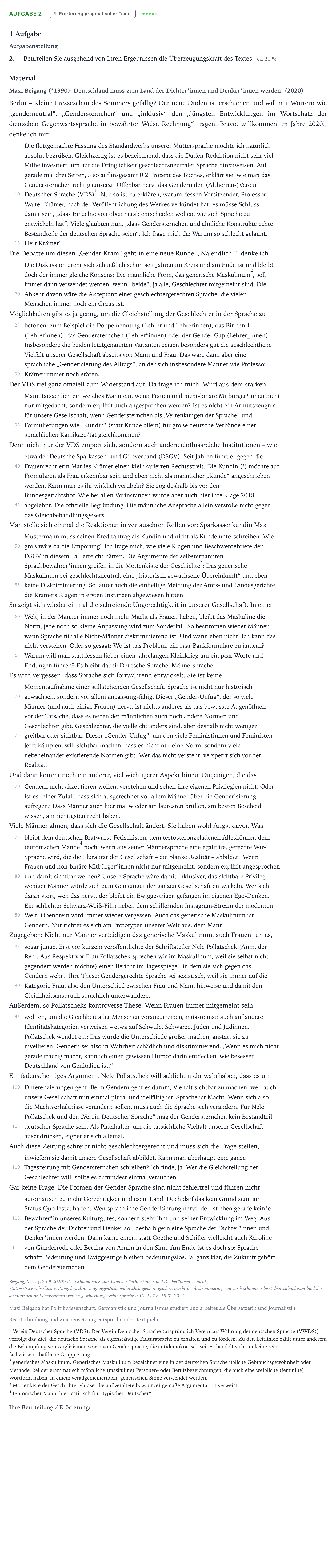 Aufgabenstellung: Aufgabe 2 - Erörterung pragmatischer Texte · Abitur NRW Deutsch GK · gendergerechte Sprachverwendung 2023