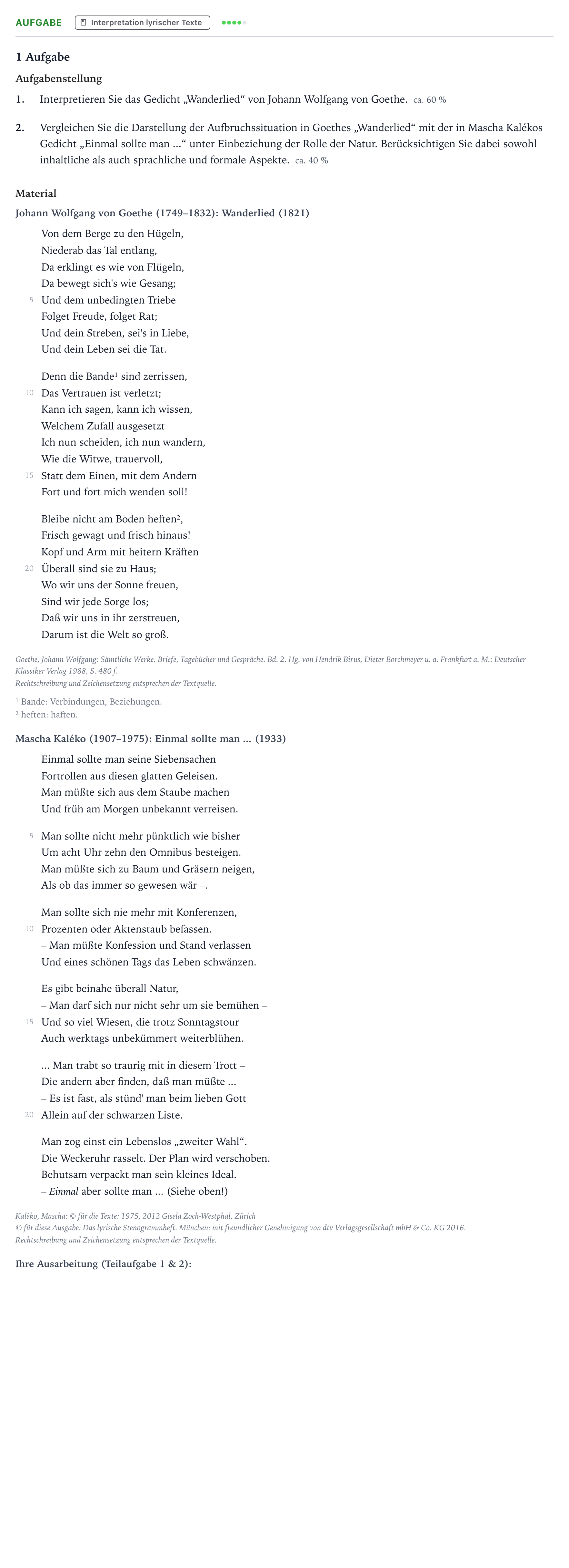 Aufgabenstellung: Aufgabe · Abitur NRW Deutsch GK · Goethe/Kaléko 2024