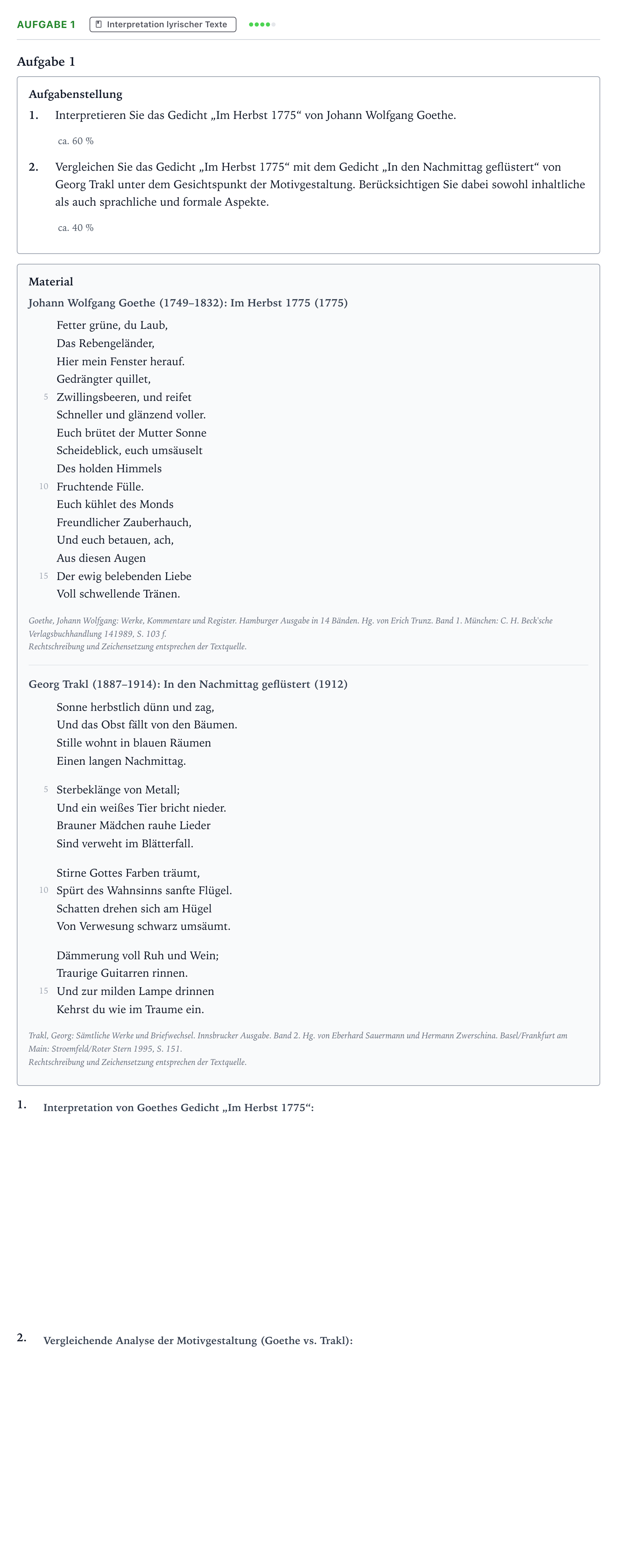 Aufgabenstellung: Aufgabe 1 · Abitur NRW Deutsch LK · Goethe/Trakl 2025