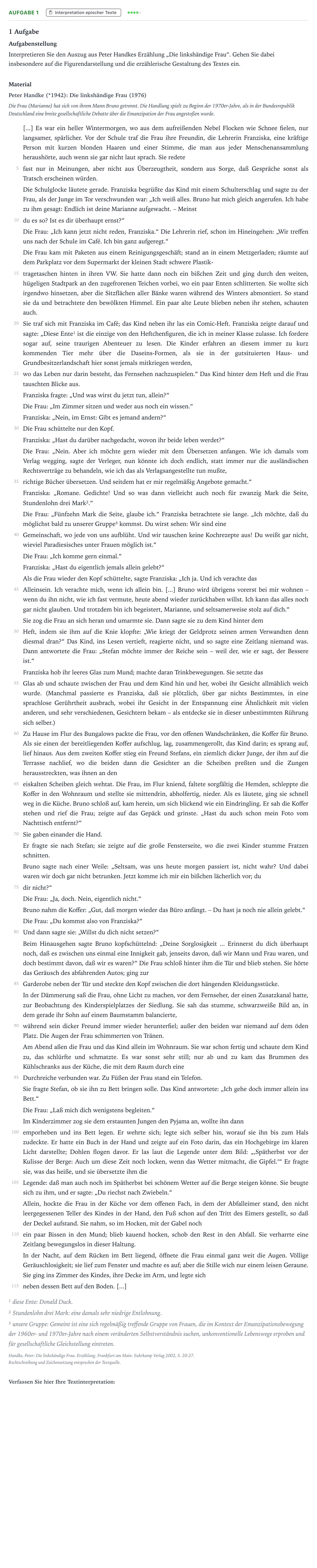 Aufgabenstellung: Aufgabe 1 · Abitur NRW Deutsch LK · Handke: Die linkshändige Frau 2021