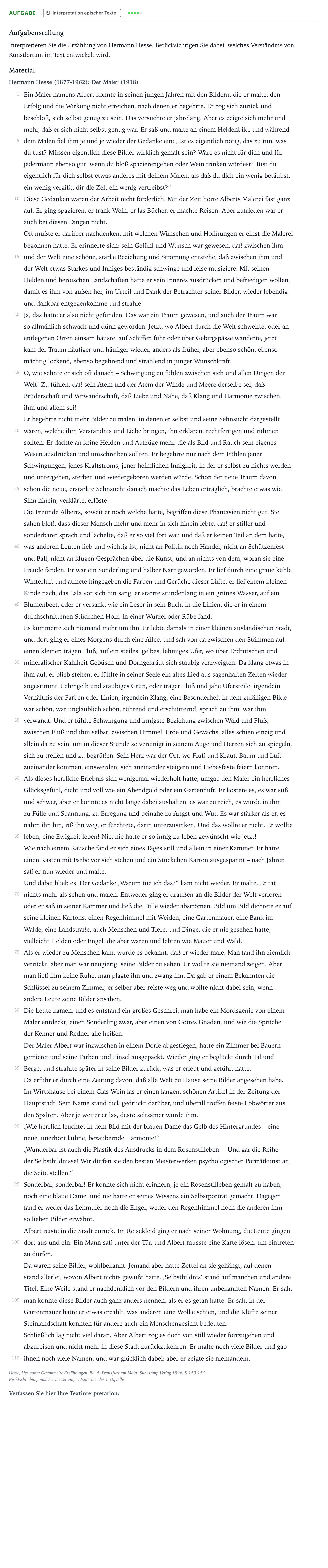 Aufgabenstellung: Aufgabe · Abitur NRW Deutsch LK · Hesse: Der Maler 2021