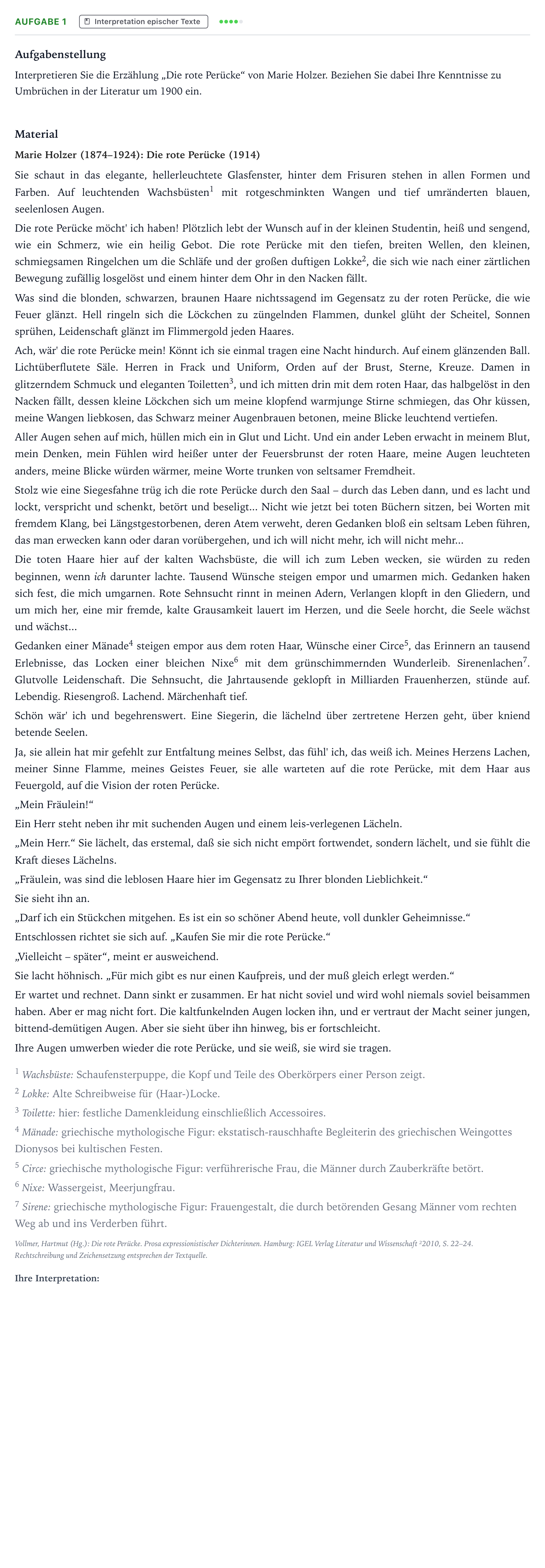 Aufgabenstellung: Aufgabe 1 · Abitur NRW Deutsch GK · Holzer: Die rote Perücke 2025