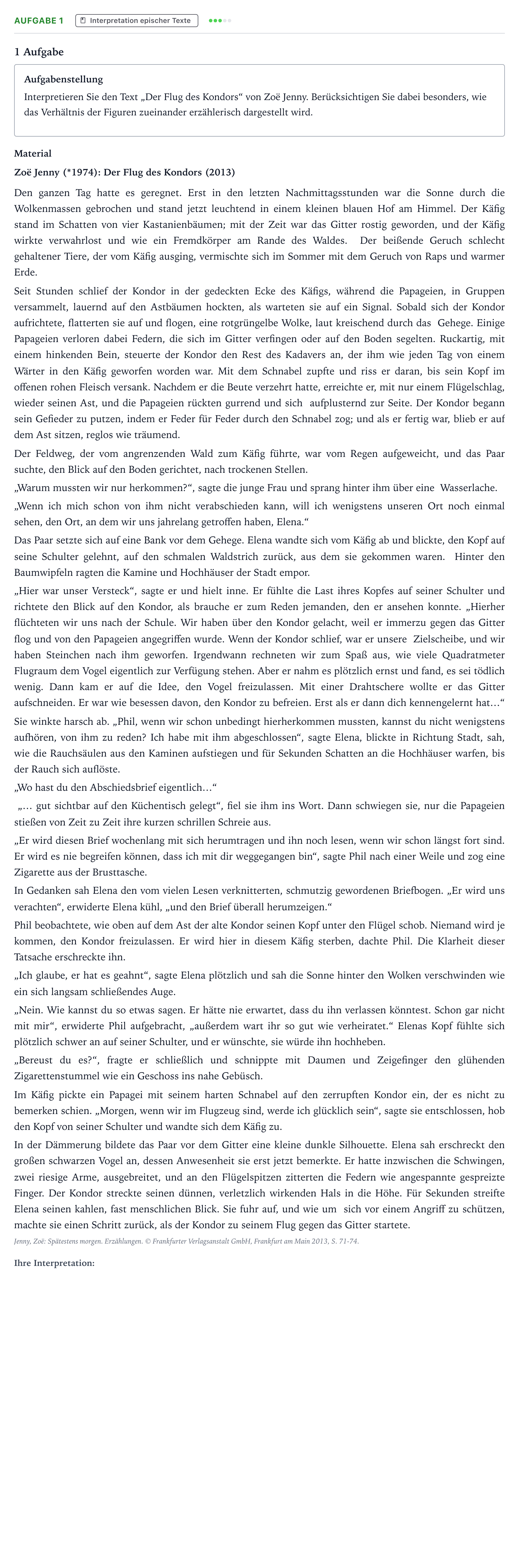 Aufgabenstellung: Aufgabe 1 · Abitur NRW Deutsch GK · Jenny: Der Flug des Kondors 2022