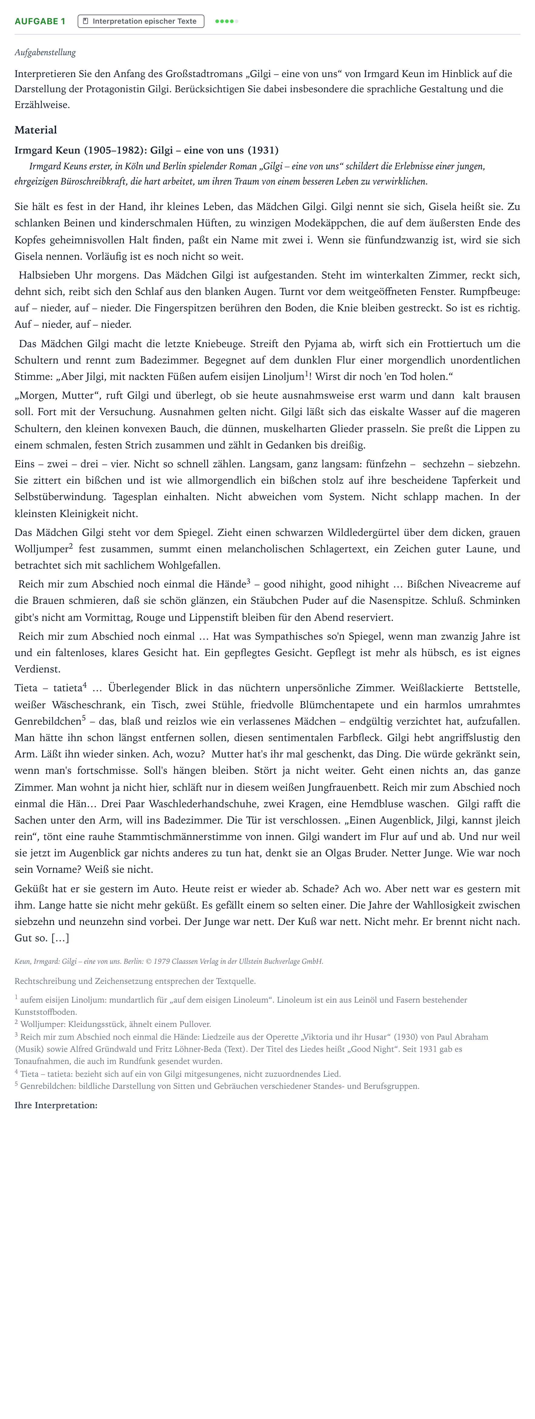 Aufgabenstellung: Aufgabe 1 · Abitur NRW Deutsch GK · Keun: Gilgi - eine von uns 2023