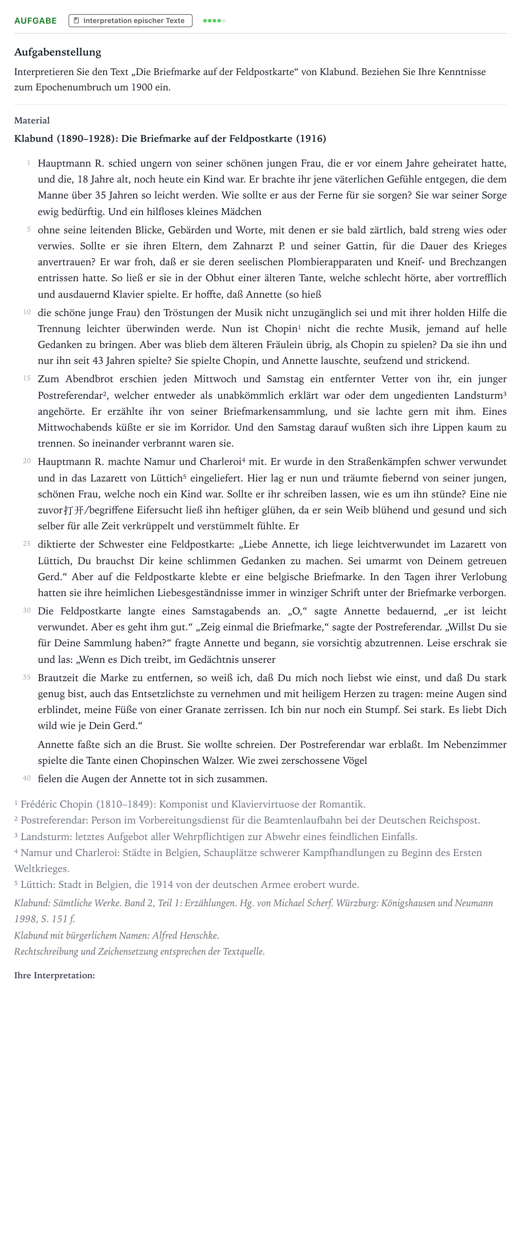 Aufgabenstellung: Aufgabe · Abitur NRW Deutsch LK · Klabund: Die Briefmarke auf der Fel 2025