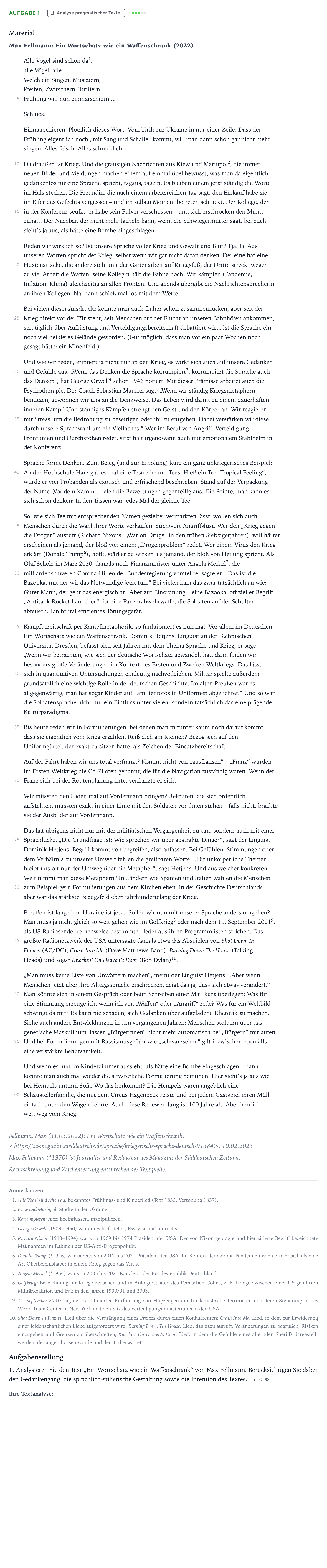 Aufgabenstellung: Aufgabe 1 - Analyse · Abitur NRW Deutsch GK · Kriegsmetaphorik im Wortschatz der 2025