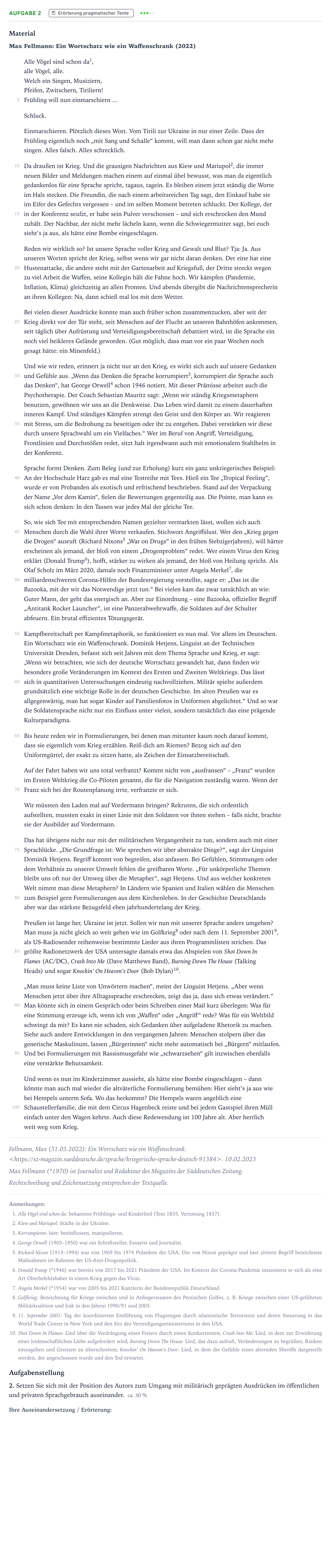 Aufgabenstellung: Aufgabe 2 - Erörterung · Abitur NRW Deutsch GK · Kriegsmetaphorik im Wortschatz der 2025