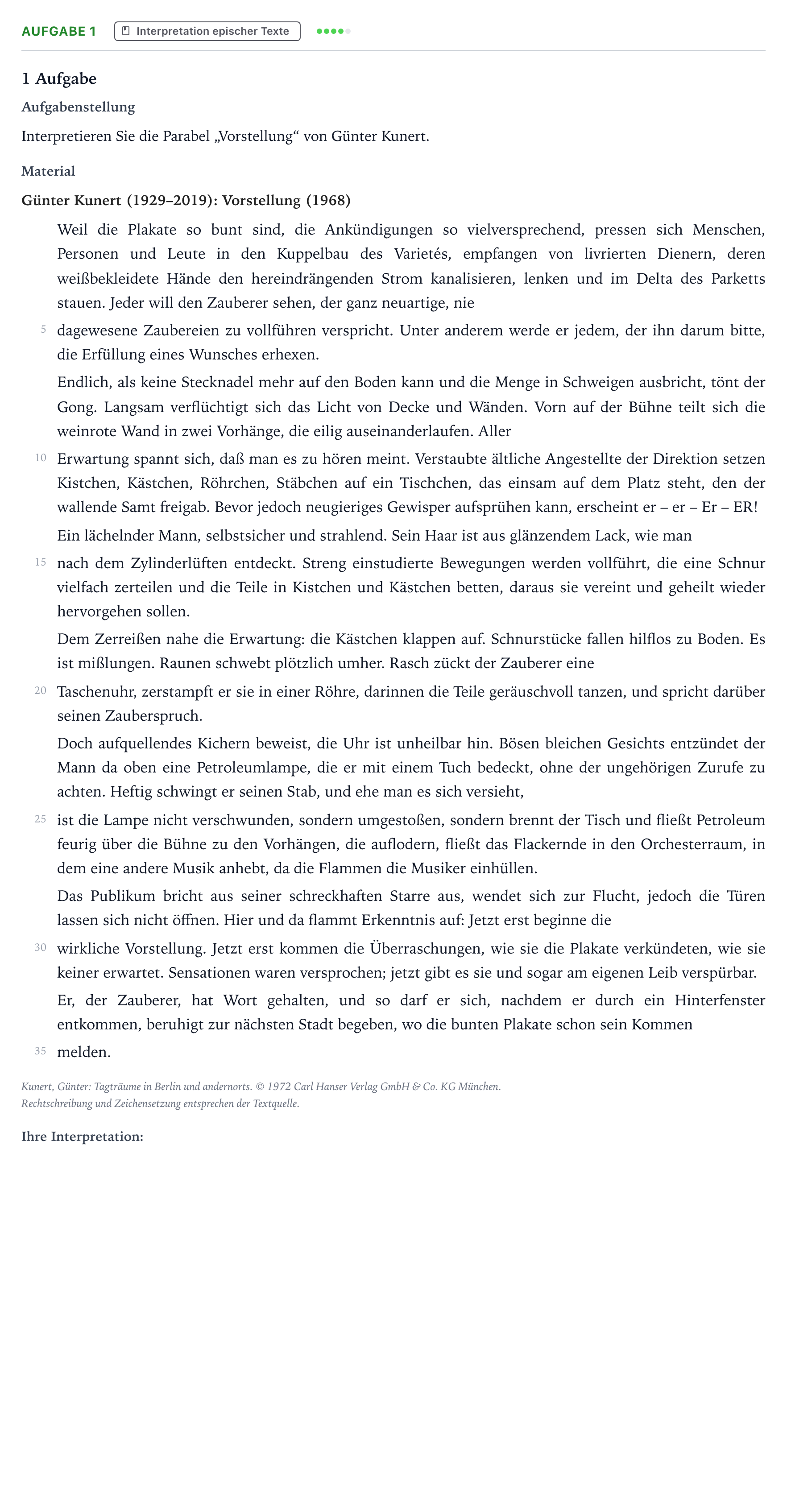 Aufgabenstellung: Aufgabe 1 · Abitur NRW Deutsch GK · Kunert: Vorstellung 2024