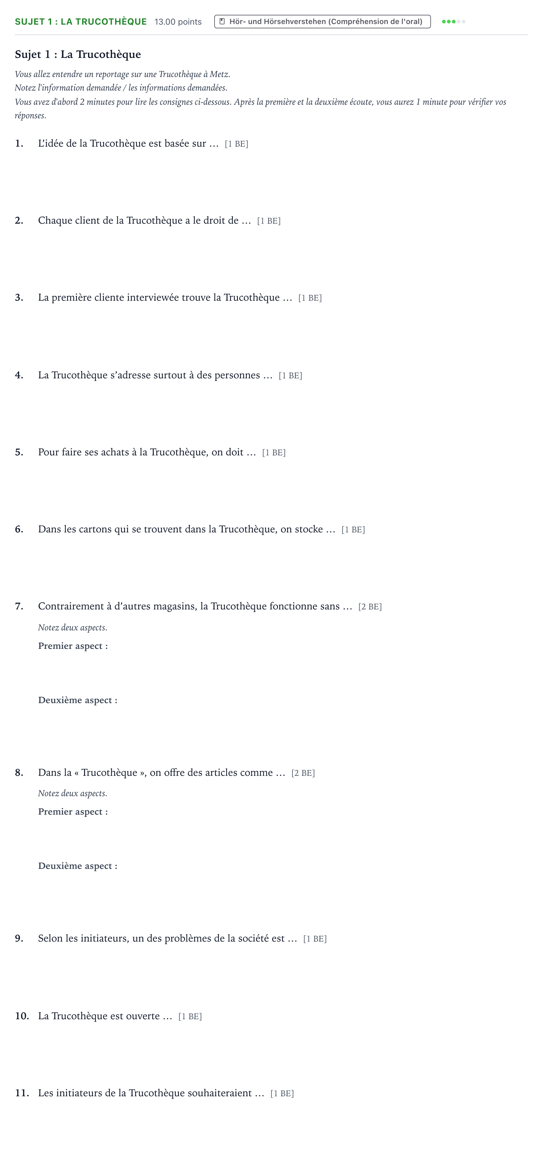 Aufgabenstellung: Aufgabe Sujet 1 : La Trucothèque · Abitur NRW Französisch GK · Action contre le harcèlement 2025