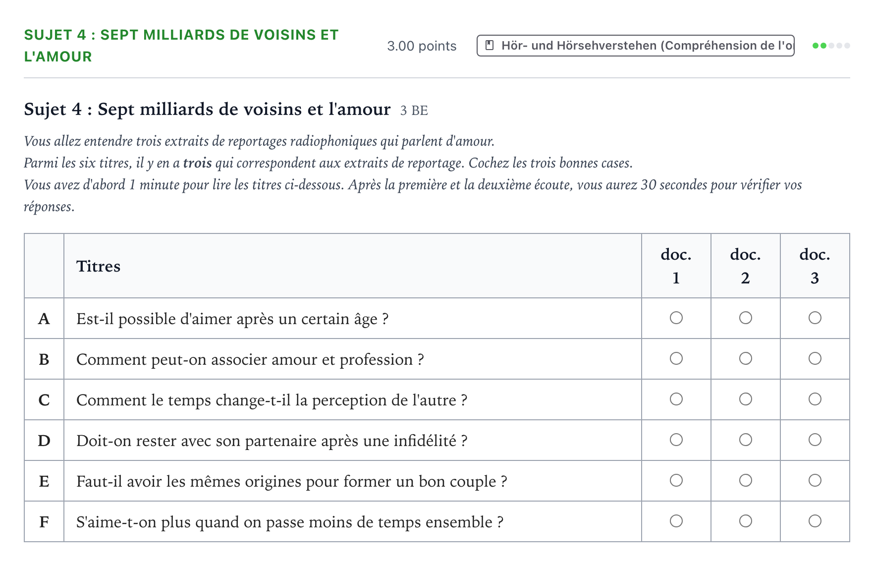 Aufgabenstellung: Aufgabe Sujet 4 : Sept milliards de voisins et l'amour · Abitur NRW Französisch GK · Les Restos du Coeur 2024