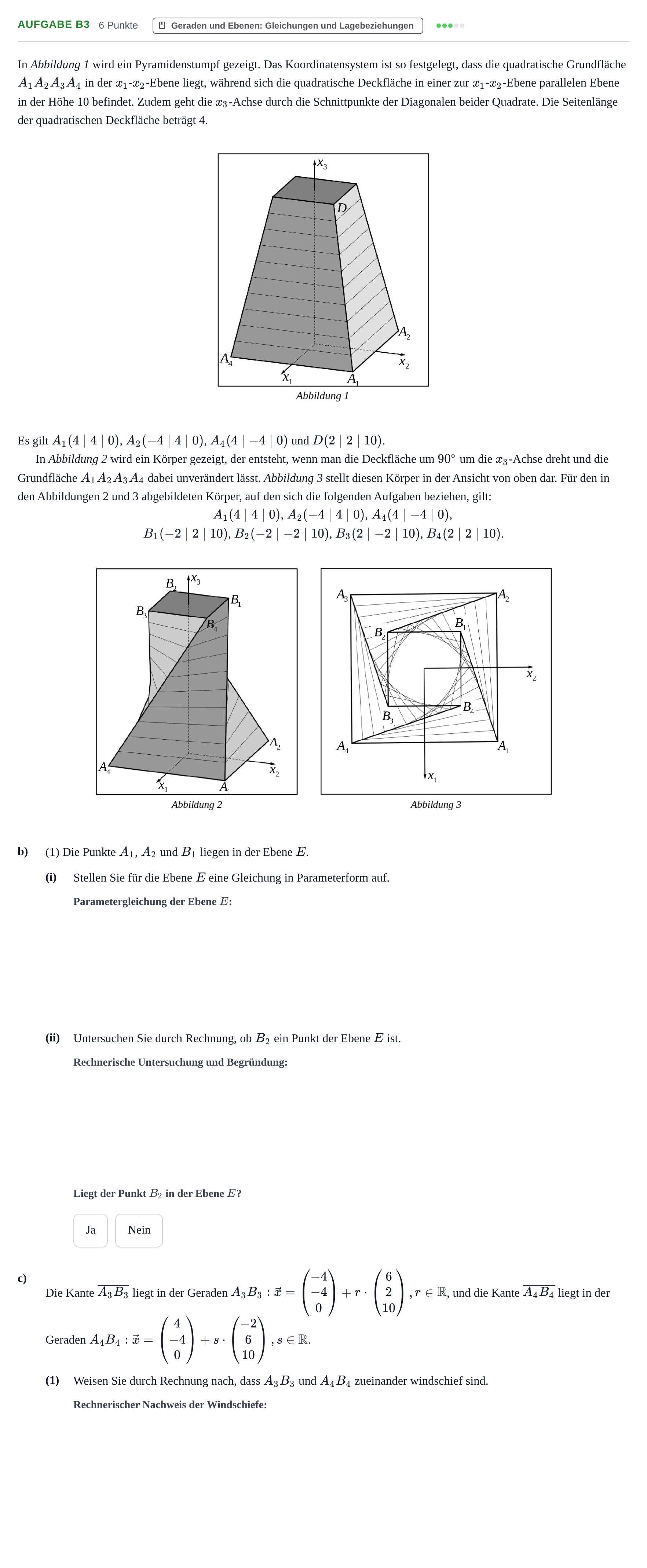 Aufgabenstellung: Aufgabe B3 - Geraden und Ebenen · Abitur NRW Mathematik GK · Nachtermin · GTR 2023