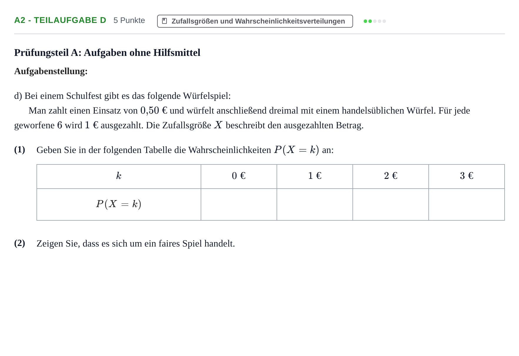 Aufgabenstellung: Aufgabe A2 - Teilaufgabe d · Abitur NRW Mathematik GK · Nachtermin · GTR 2023