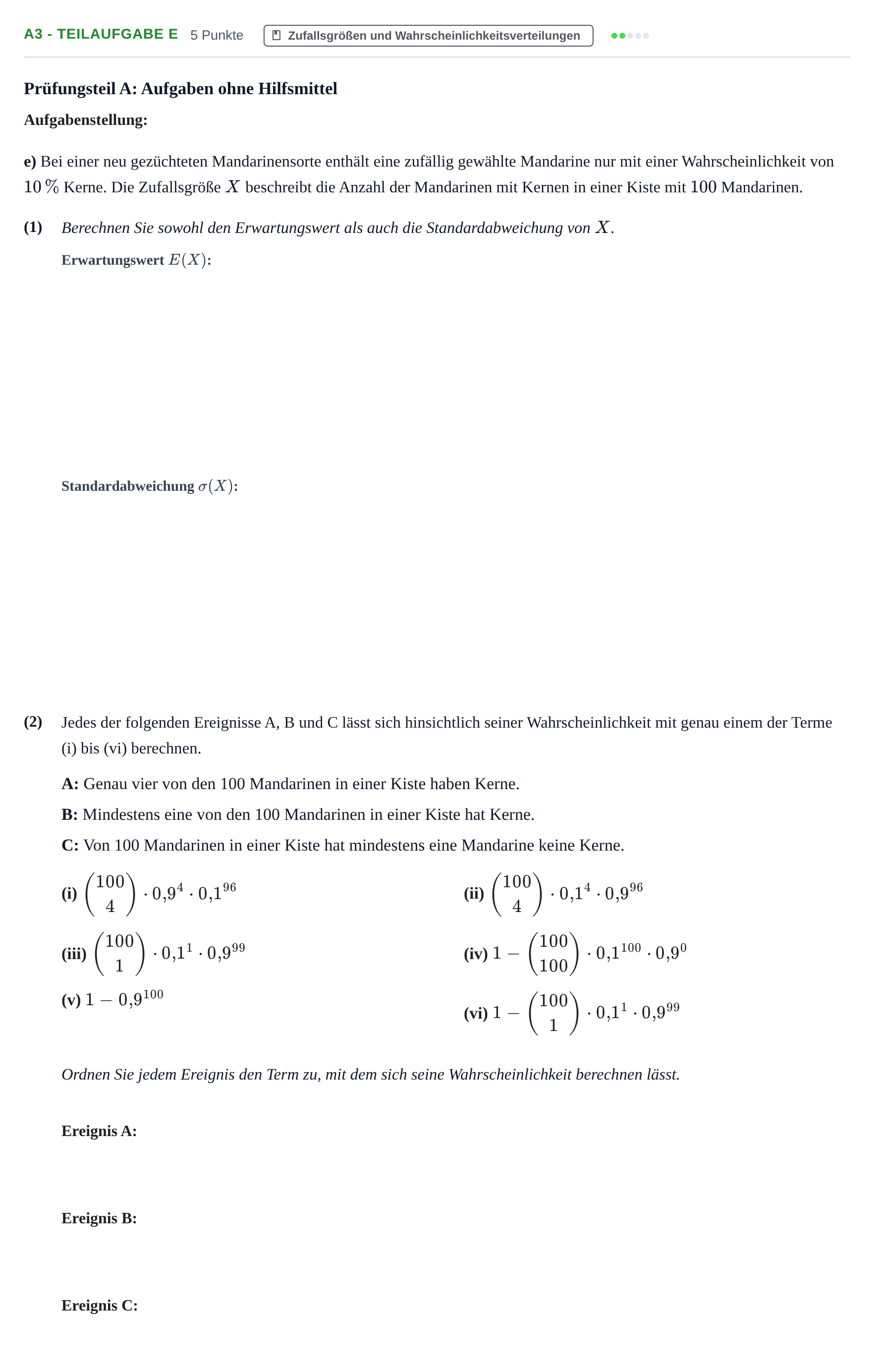 Aufgabenstellung: Aufgabe A3 - Teilaufgabe e · Abitur NRW Mathematik GK · Nachtermin · GTR 2023