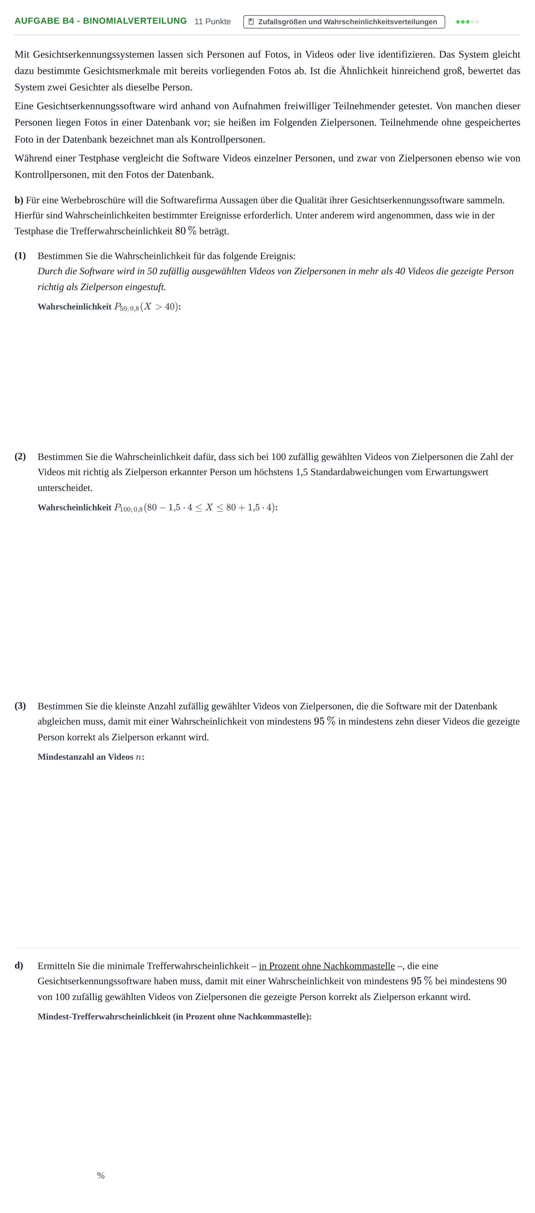 Aufgabenstellung: Aufgabe B4 - Binomialverteilung · Abitur NRW Mathematik GK · Nachtermin · GTR · Weiterbildungsko 2023