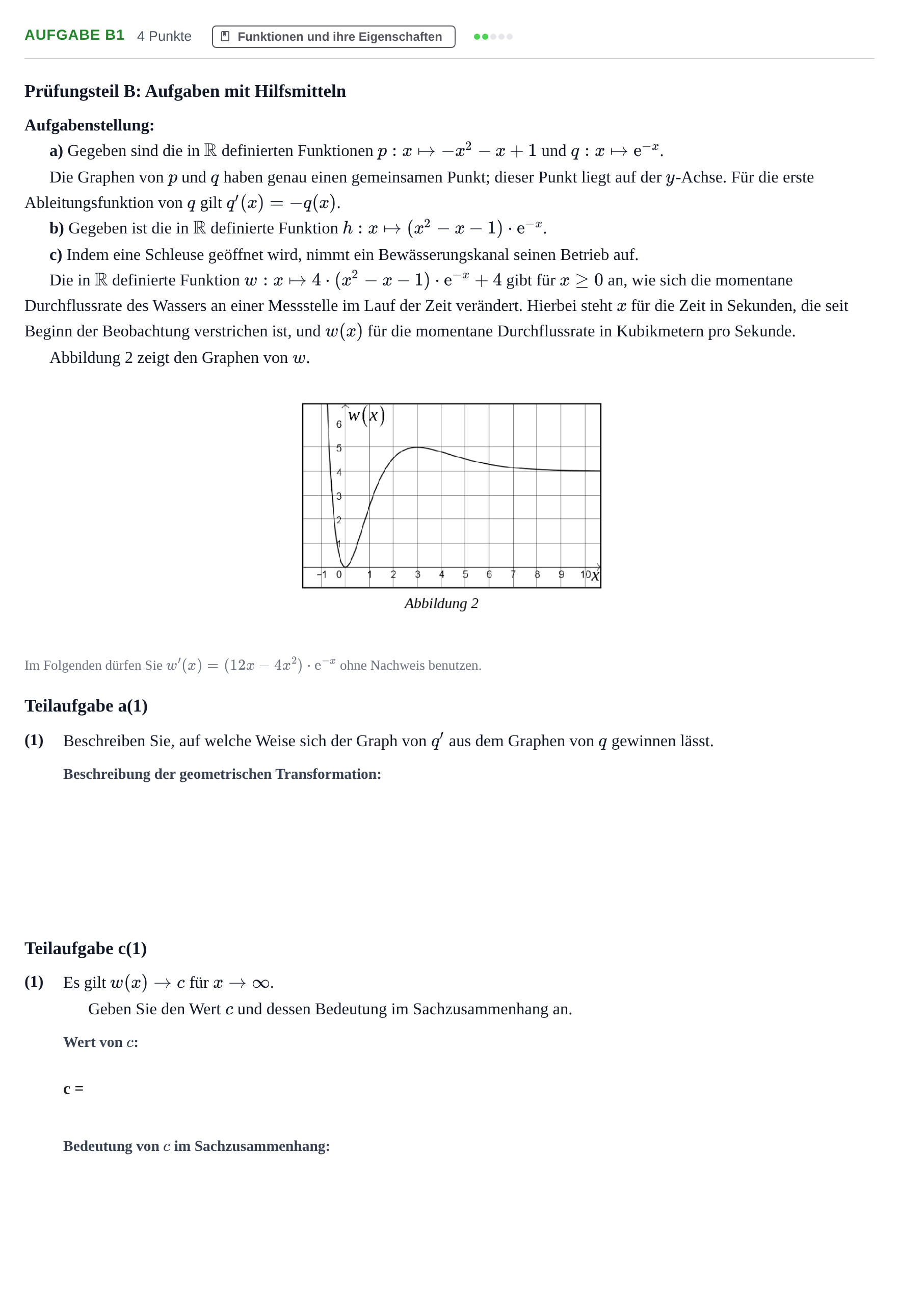 Aufgabenstellung: Aufgabe B1 - Funktionen und ihre Eigenschaften · Abitur NRW Mathematik GK · Haupttermin · GTR · Weiterbildungsk 2023