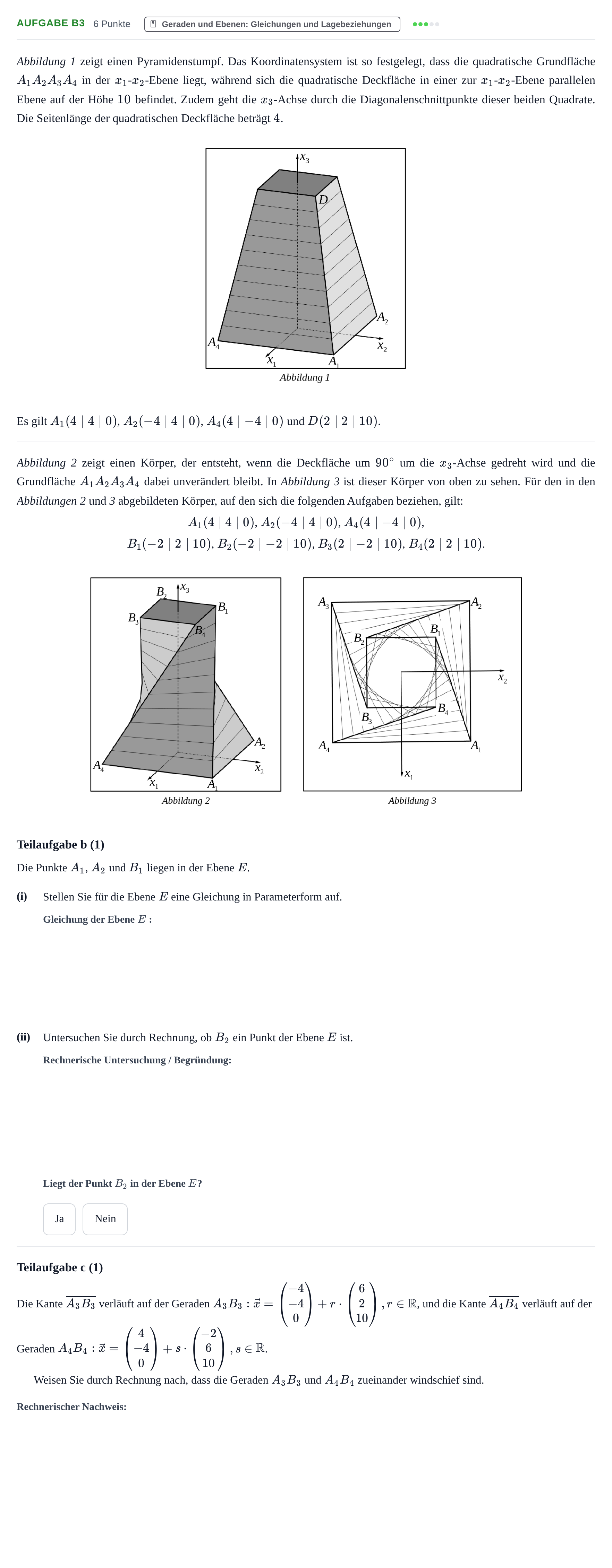 Aufgabenstellung: Aufgabe B3 - Geraden und Ebenen · Abitur NRW Mathematik GK · Nachtermin · CAS 2023