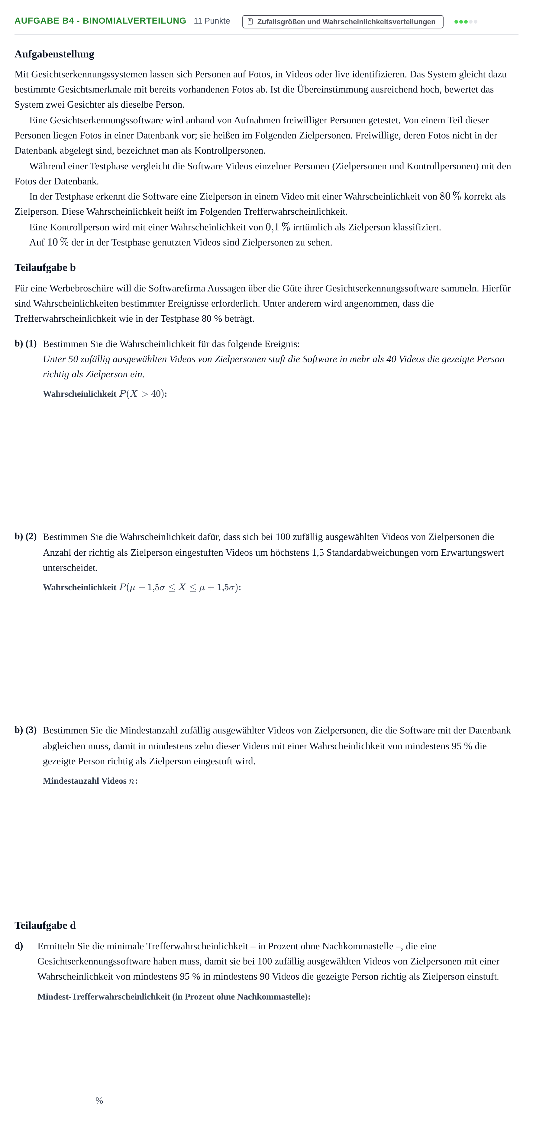Aufgabenstellung: Aufgabe B4 - Binomialverteilung · Abitur NRW Mathematik GK · Nachtermin · CAS 2023