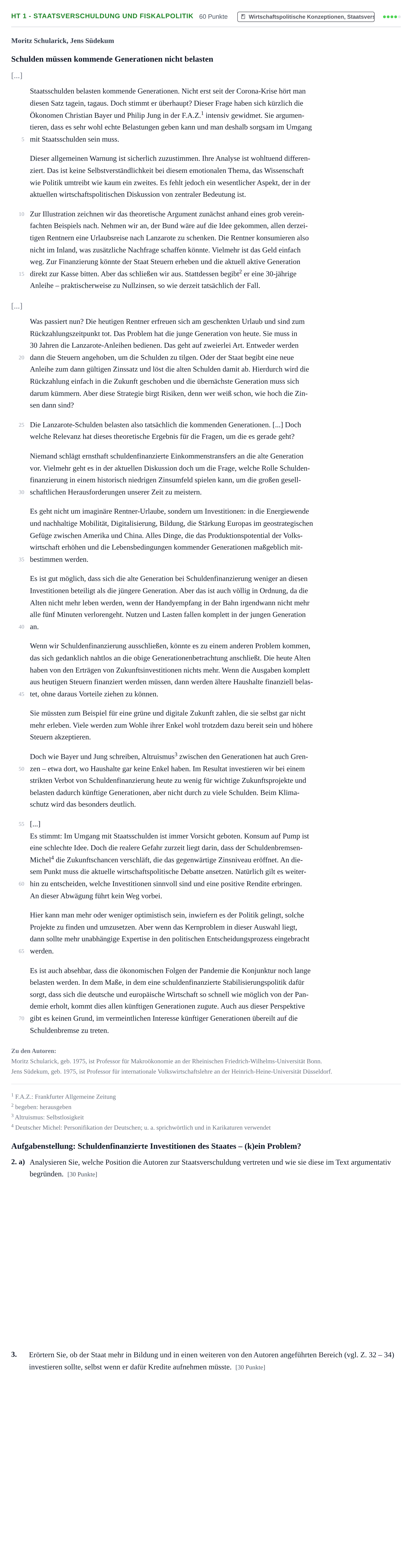 Aufgabenstellung: Aufgabe HT 1 - Staatsverschuldung und Fiskalpolitik · Abitur NRW Sozialwissenschaften GK · Haupttermin 2022