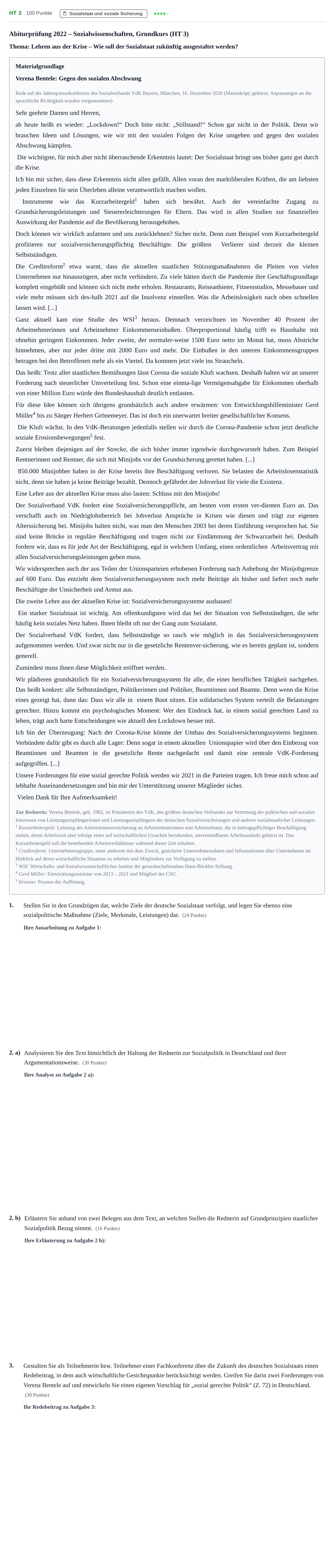 Aufgabenstellung: Aufgabe HT 3 · Abitur NRW Sozialwissenschaften GK · Haupttermin 2022