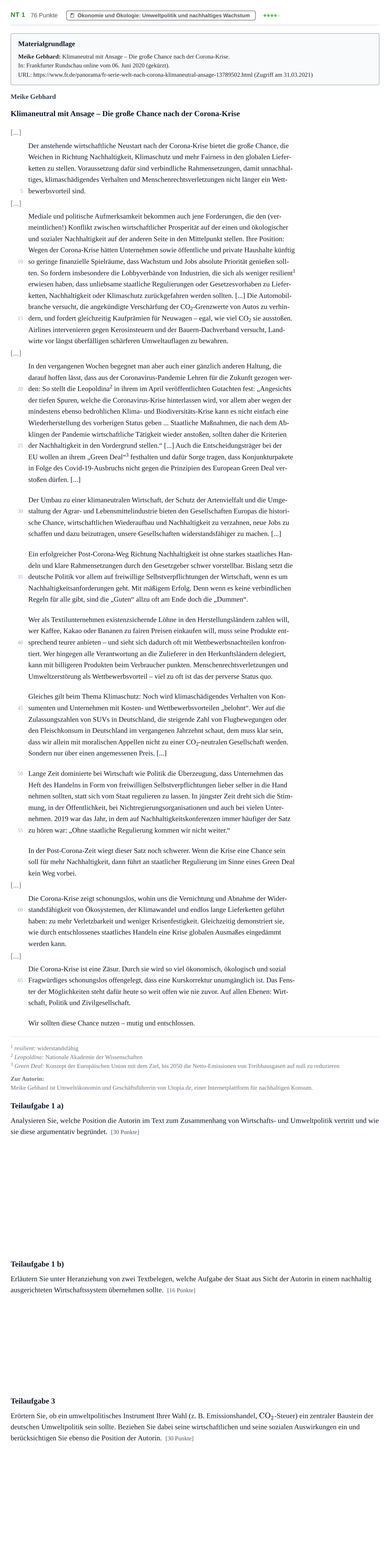Aufgabenstellung: Aufgabe NT 1 - Ökonomie und Ökologie: Umweltpolitik und n… · Abitur NRW Sozialwissenschaften GK · Nachtermin 2022