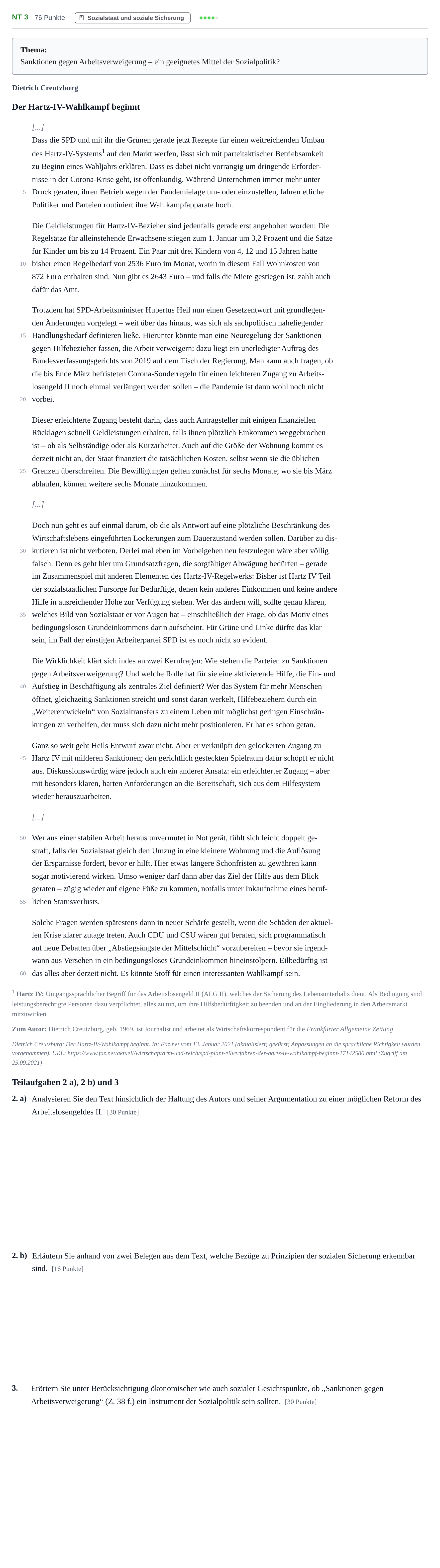 Aufgabenstellung: Aufgabe NT 3 - Sozialstaat und soziale Sicherung · Abitur NRW Sozialwissenschaften GK · Nachtermin 2022