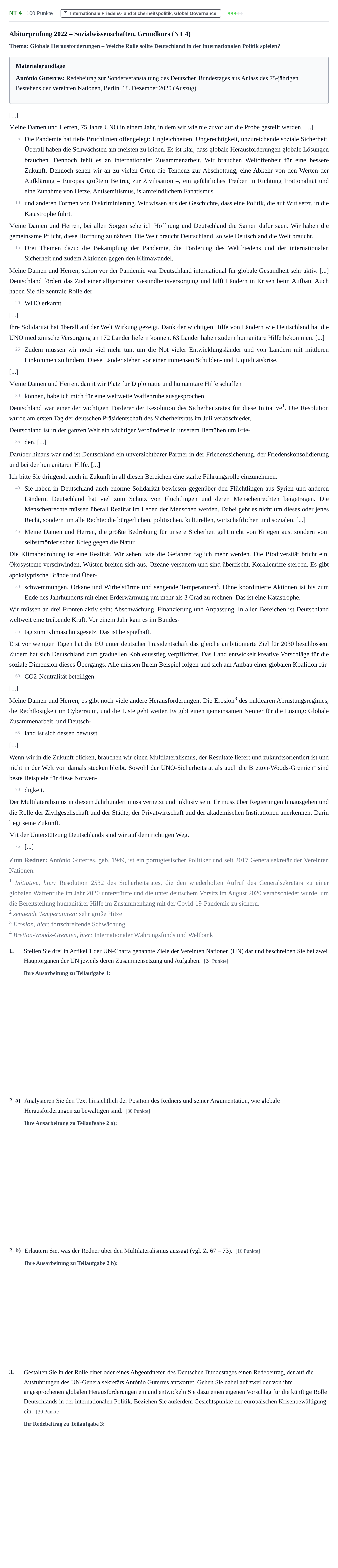 Aufgabenstellung: Aufgabe NT 4 - Internationale Friedens- und Sicherheitspo… · Abitur NRW Sozialwissenschaften GK · Nachtermin 2022