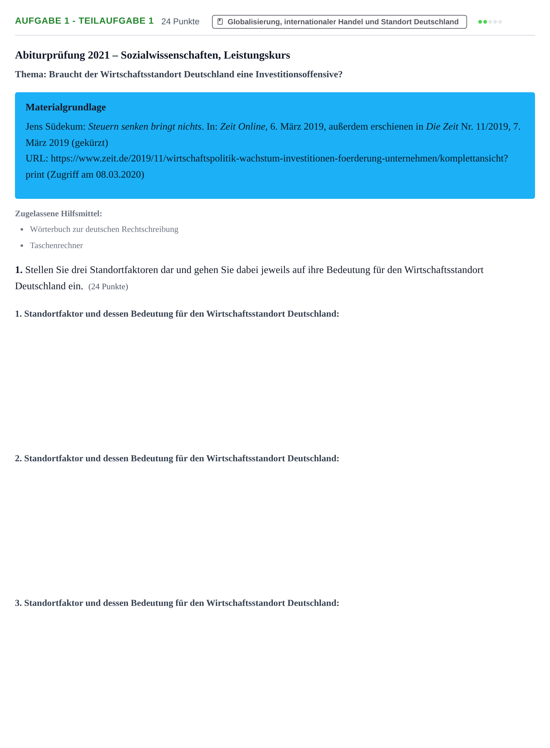Aufgabenstellung: Aufgabe 1 - Teilaufgabe 1 · Abitur NRW Sozialwissenschaften LK · Nachtermin 2021