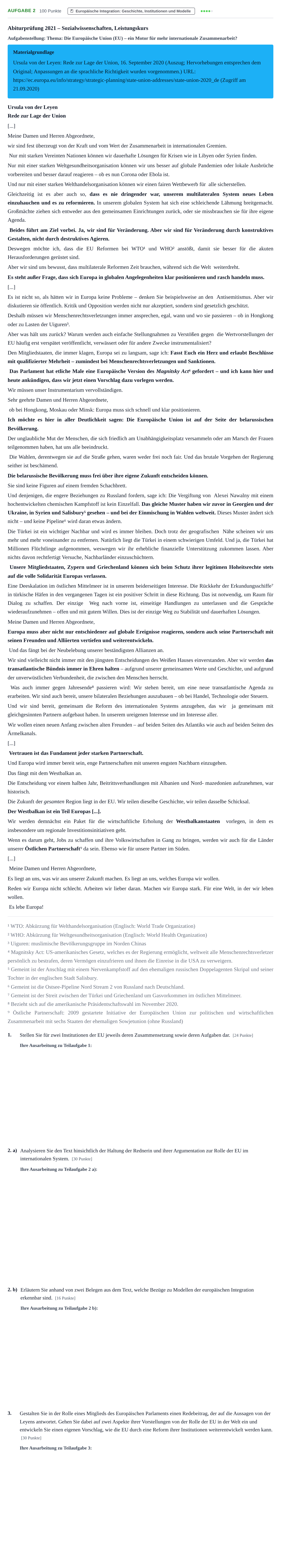 Aufgabenstellung: Aufgabe 2 · Abitur NRW Sozialwissenschaften LK · Nachtermin 2021