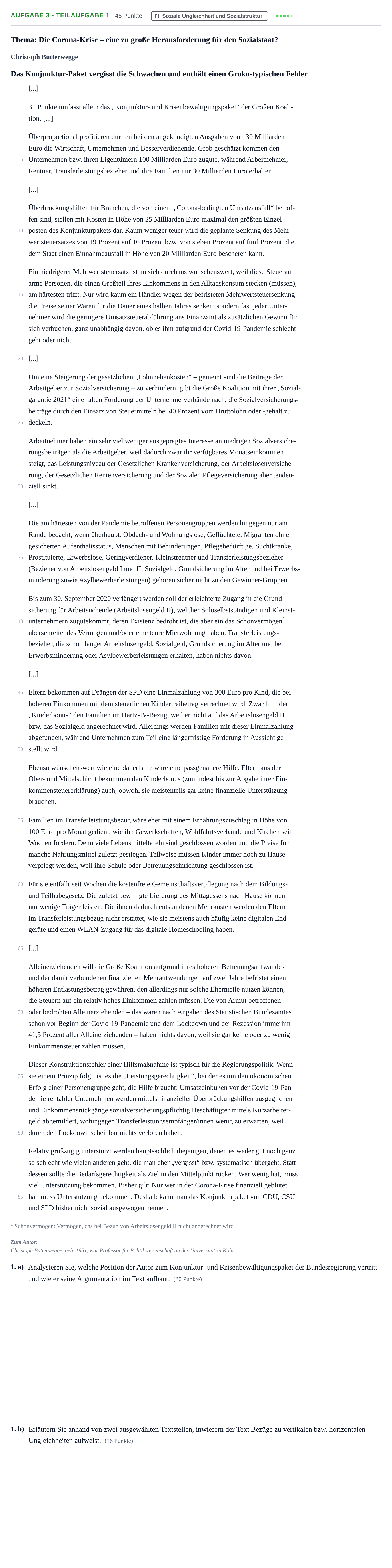 Aufgabenstellung: Aufgabe 3 - Teilaufgabe 1 · Abitur NRW Sozialwissenschaften LK · Nachtermin 2021