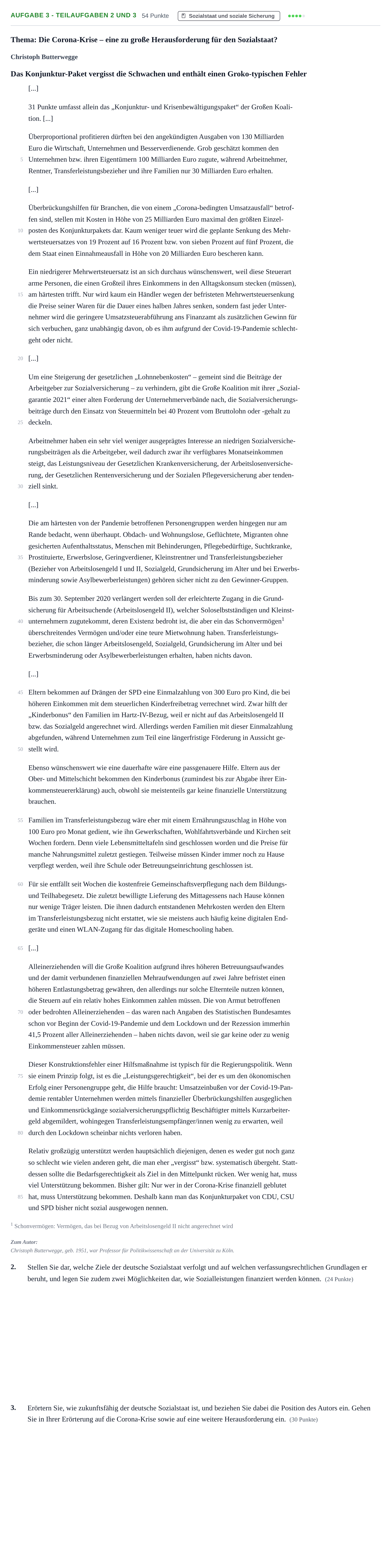 Aufgabenstellung: Aufgabe 3 - Teilaufgaben 2 und 3 · Abitur NRW Sozialwissenschaften LK · Nachtermin 2021