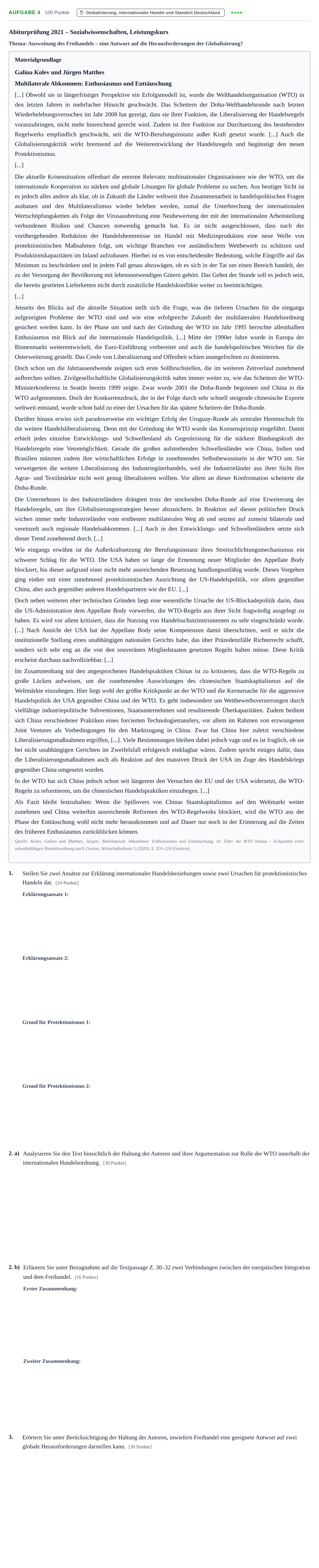 Aufgabenstellung: Aufgabe 4 · Abitur NRW Sozialwissenschaften LK · Nachtermin 2021
