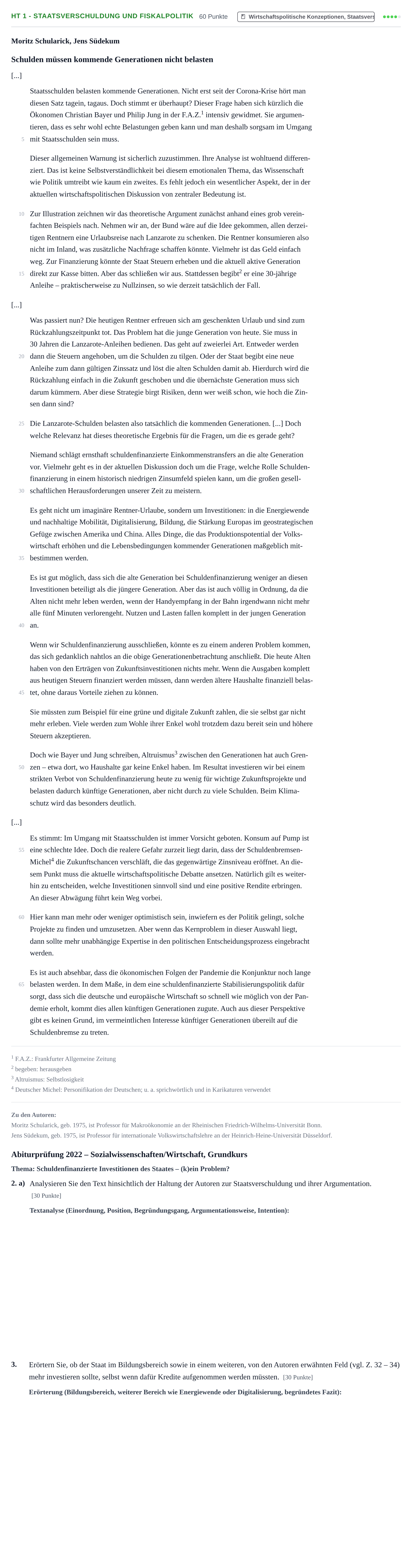 Aufgabenstellung: Aufgabe HT 1 - Staatsverschuldung und Fiskalpolitik · Abitur NRW Sozialwissenschaften GK · Haupttermin · Wirtschaft 2022