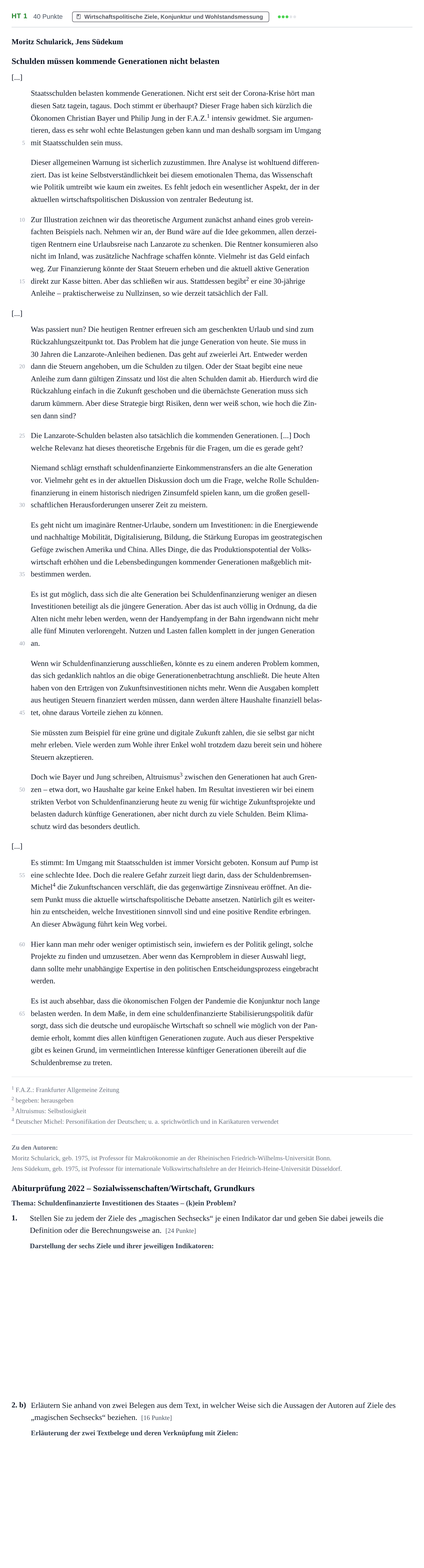 Aufgabenstellung: Aufgabe HT 1 - Wirtschaftspolitische Ziele · Abitur NRW Sozialwissenschaften GK · Haupttermin · Wirtschaft 2022
