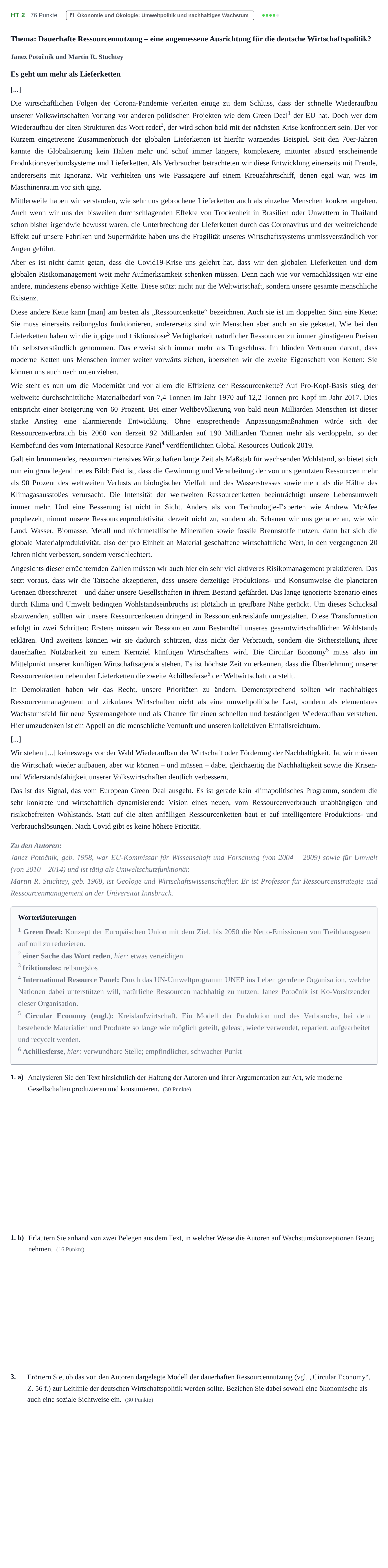 Aufgabenstellung: Aufgabe HT 2 - Ökonomie und Ökologie · Abitur NRW Sozialwissenschaften GK · Haupttermin · Wirtschaft 2022