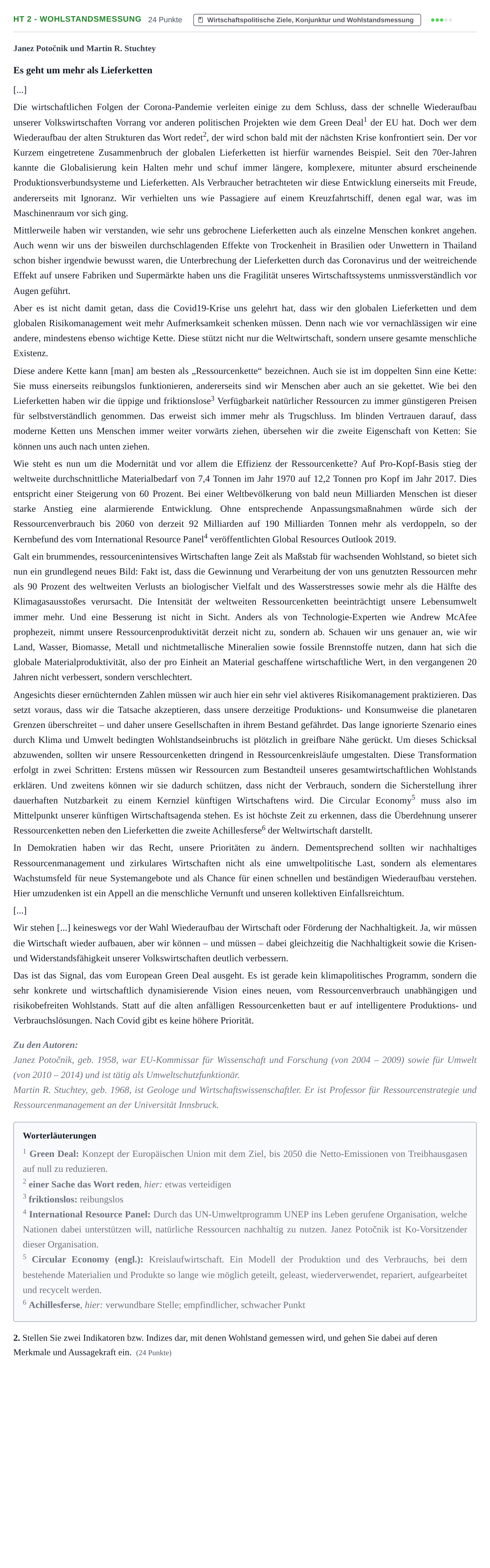 Aufgabenstellung: Aufgabe HT 2 - Wohlstandsmessung · Abitur NRW Sozialwissenschaften GK · Haupttermin · Wirtschaft 2022
