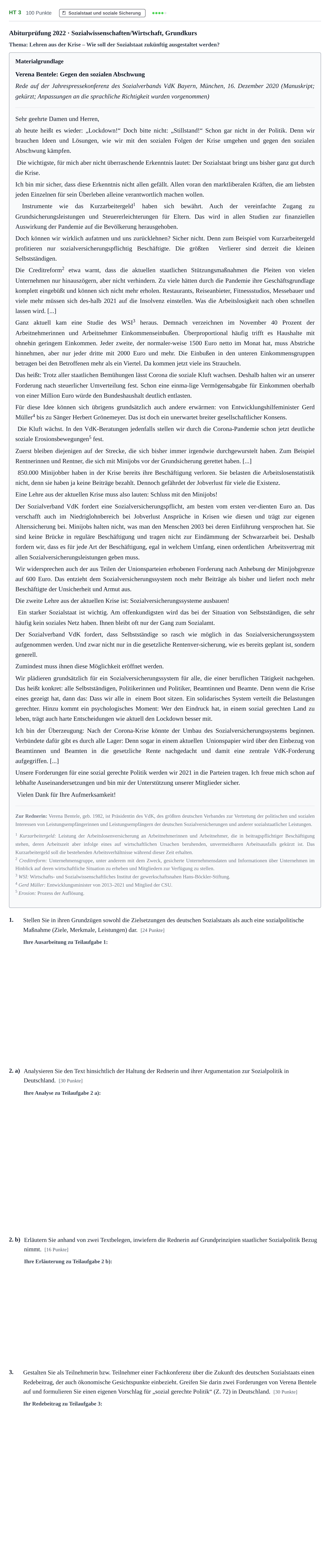 Aufgabenstellung: Aufgabe HT 3 - Sozialstaat und soziale Sicherung · Abitur NRW Sozialwissenschaften GK · Haupttermin · Wirtschaft 2022
