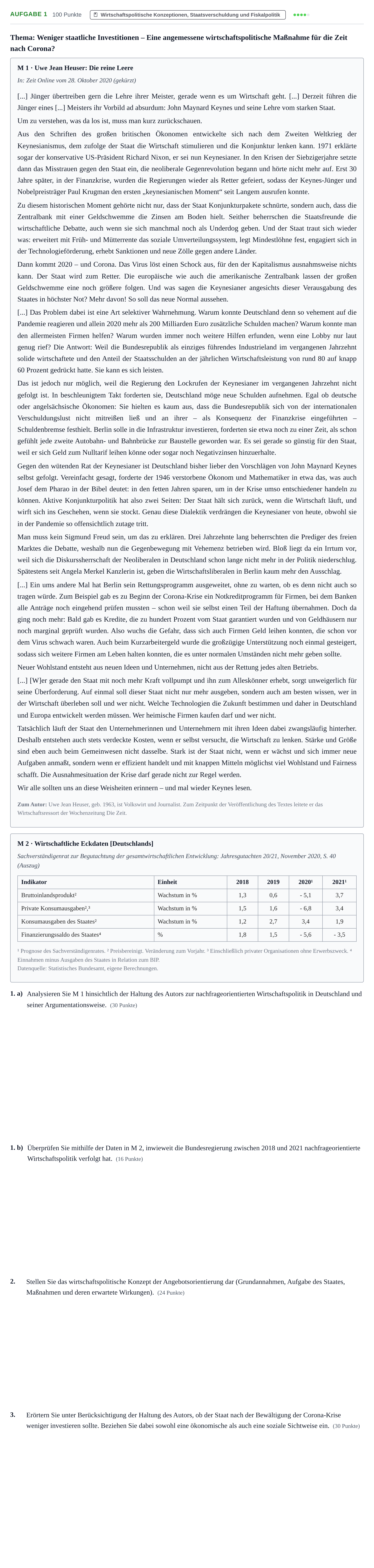 Aufgabenstellung: Aufgabe 1 · Abitur NRW Sozialwissenschaften LK · Haupttermin · Wirtschaft 2022