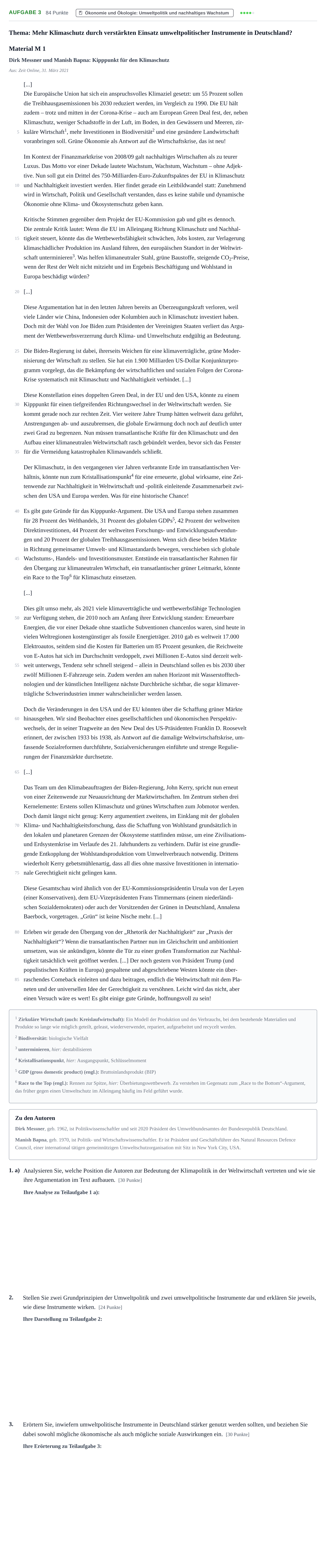 Aufgabenstellung: Aufgabe 3 - Ökonomie und Ökologie · Abitur NRW Sozialwissenschaften LK · Haupttermin · Wirtschaft 2022
