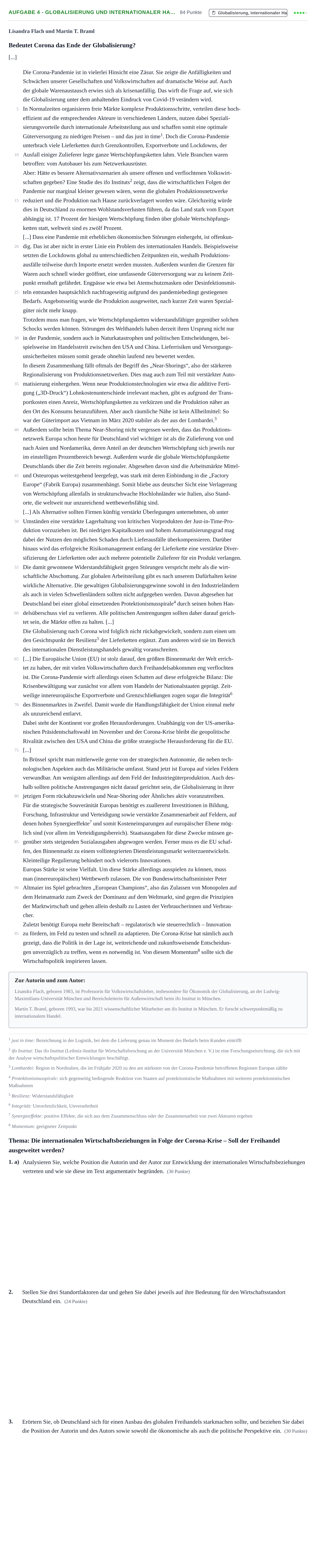 Aufgabenstellung: Aufgabe 4 - Globalisierung und internationaler Ha… · Abitur NRW Sozialwissenschaften LK · Haupttermin · Wirtschaft 2022