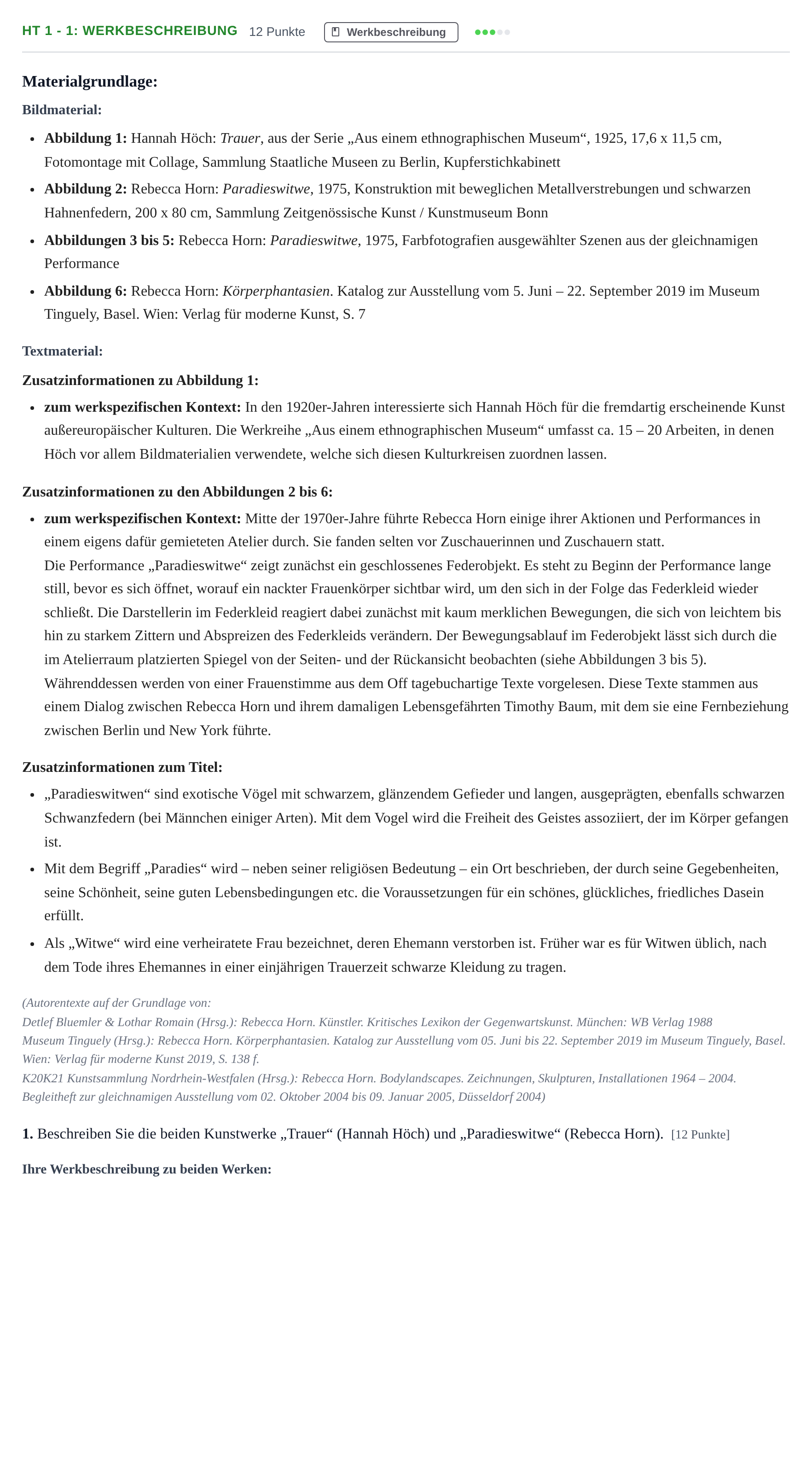 Aufgabenstellung: Aufgabe HT 1 - 1: Werkbeschreibung · Abitur NRW Kunst LK · Haupttermin 2023