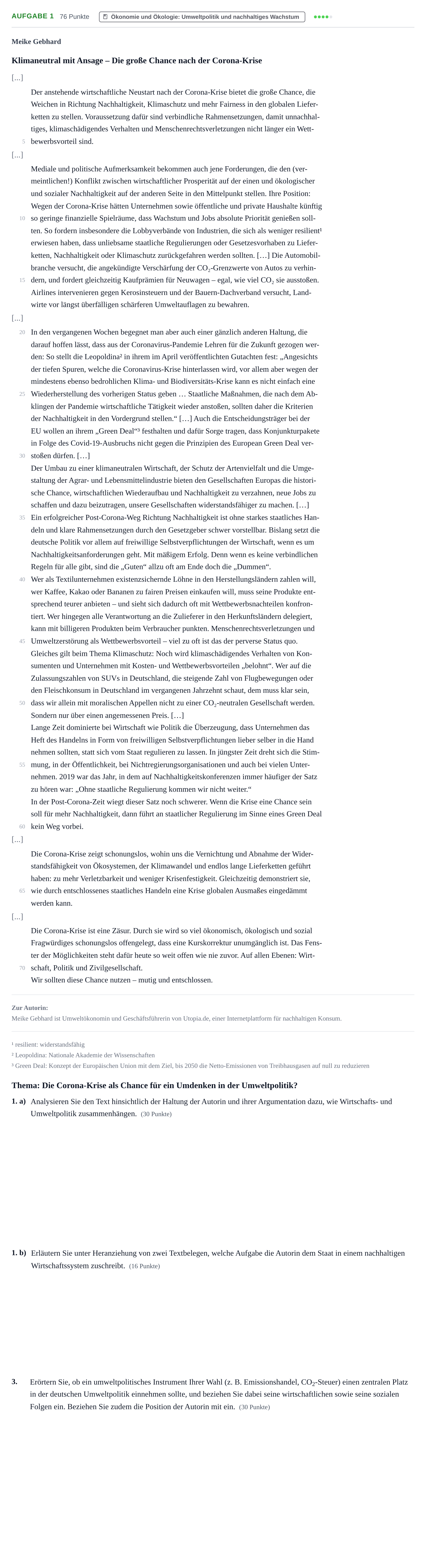 Aufgabenstellung: Aufgabe 1 - Ökonomie und Ökologie · Abitur NRW Sozialwissenschaften GK · Nachtermin · Wirtschaft 2022