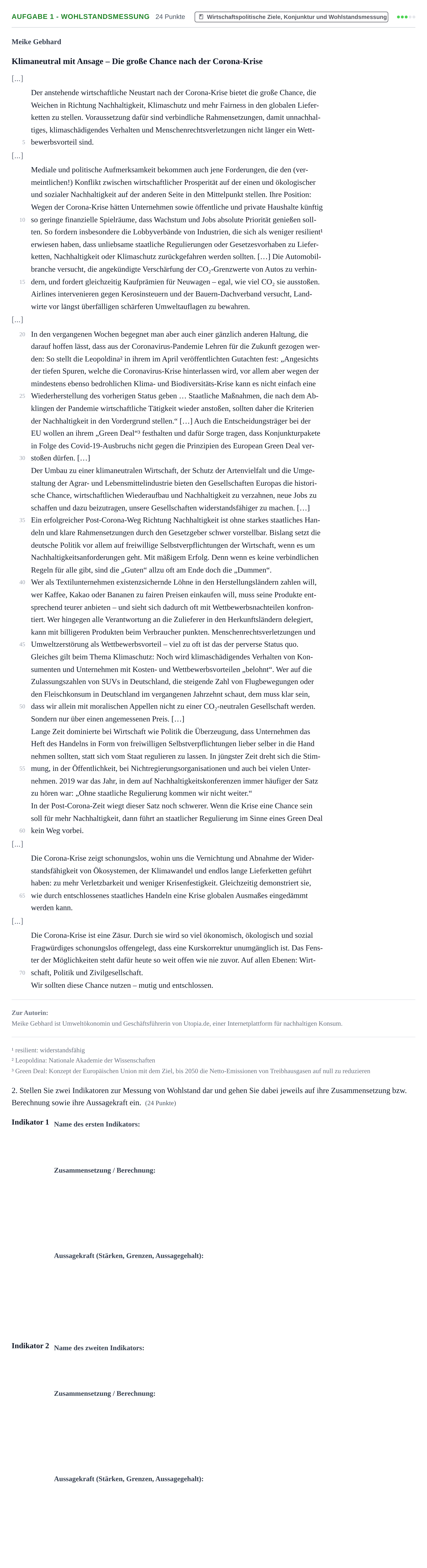 Aufgabenstellung: Aufgabe 1 - Wohlstandsmessung · Abitur NRW Sozialwissenschaften GK · Nachtermin · Wirtschaft 2022