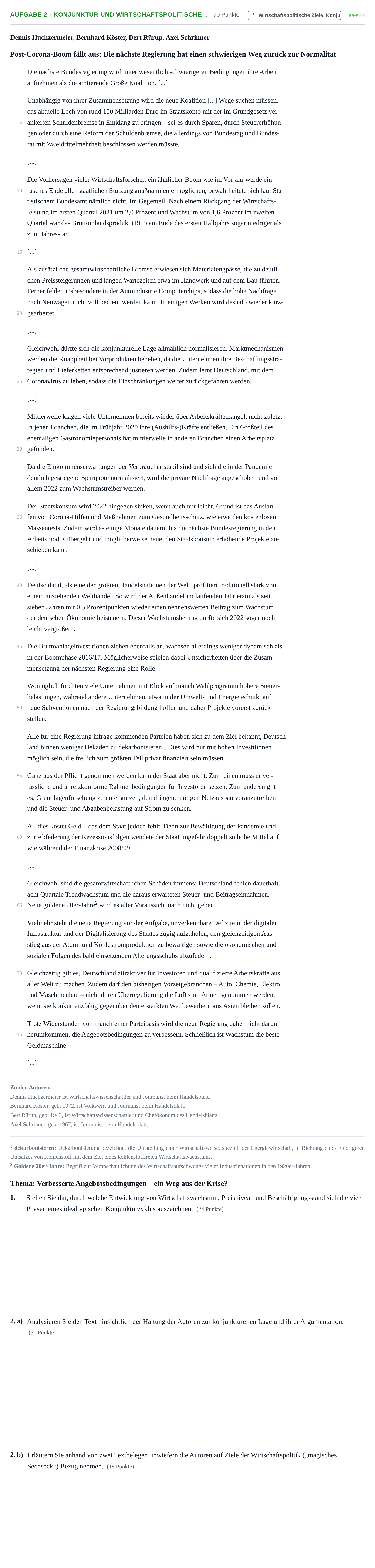 Aufgabenstellung: Aufgabe 2 - Konjunktur und wirtschaftspolitische… · Abitur NRW Sozialwissenschaften GK · Nachtermin · Wirtschaft 2022